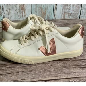 VEJA White Leather Sneakers Metallic Rose V Logo Womens EU 38 US 7